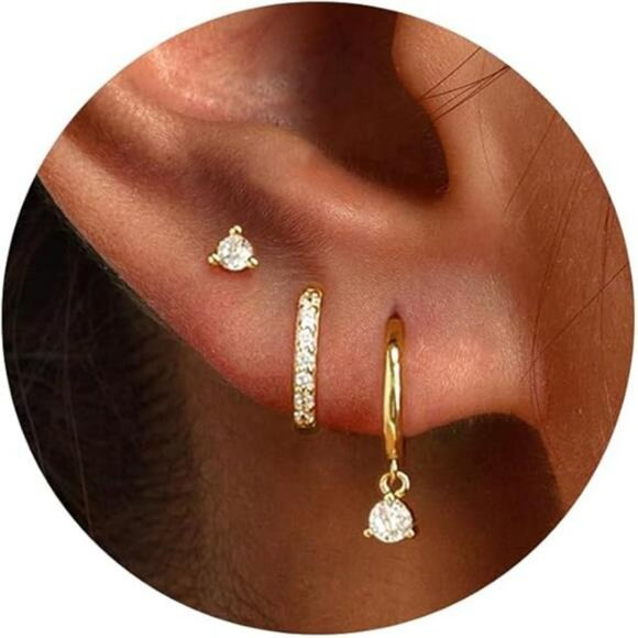 Gold Hoop Earrings Set 14K Plated Small Huggie Stud Dangle Hypoallergenic - Picture 7 of 7